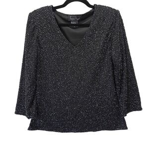 Laurence Kazar Black Beaded V-Neck Blouse Vintage Evening Top XL 3/4 Sleeve